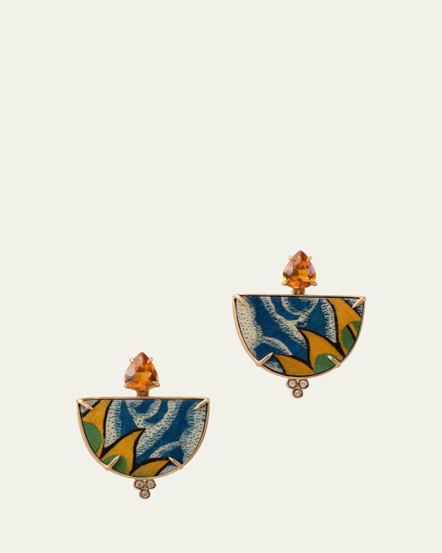 18K Yellow Gold Tibetan Leaf Print Marquetry Earrings with Citrine and Diamonds